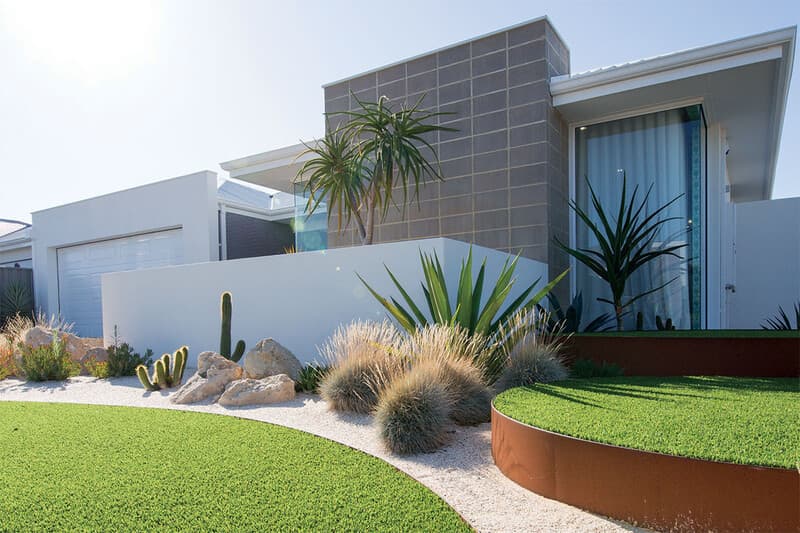 Low-maintenance front yard landscaping with drought-tolerant plants and clean lines in Sydney